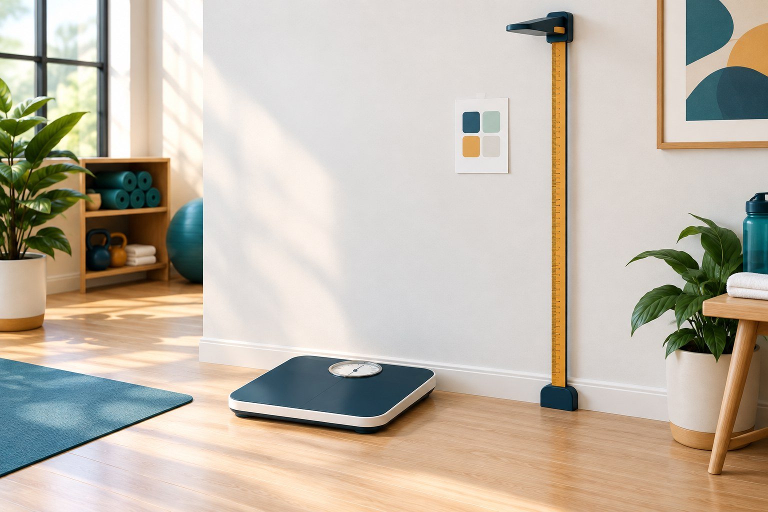 A scale and height measure illustrating the two inputs for calculating BMI