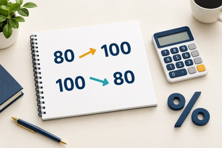 Illustration of percentage change examples from 80 to 100 and 100 to 80 beside a calculator.