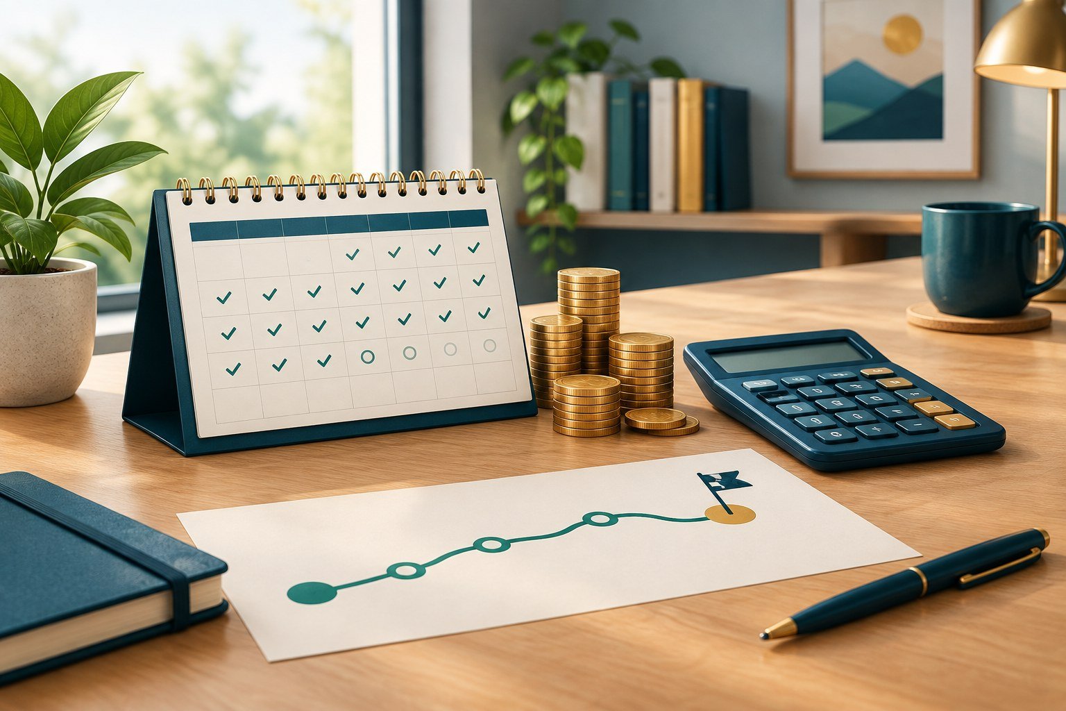 Calendar and calculator illustrating extra payments and early loan repayment