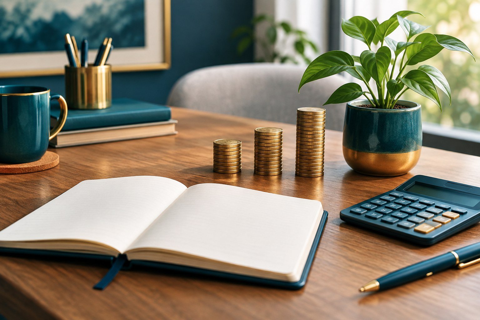 Investment planning with monthly savings, calculator and budgeting notebook